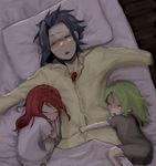  1boy 2girls bed_sheet bedsheet dress droite eyes_closed gauche green_hair multiple_girls open_mouth pillow purple_hair red_hair sleeping tales_of_(series) tales_of_vesperia yeager young younger 