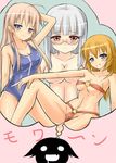  :d ahoge blue_eyes breasts charlotte_e_yeager cleavage fang glasses grin hanna-justina_marseille heidimarie_w_schnaufer kuragari large_breasts medium_breasts miyafuji_yoshika multiple_girls nude o-ring o-ring_bikini o_o one-piece_swimsuit open_mouth orange_hair outstretched_arm pink_hair red_eyes silhouette_demon silver_hair smile strike_witches sweatdrop swimsuit thought_bubble translated world_witches_series 