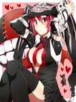  arms_up bad_id bad_pixiv_id between_breasts black_legwear breasts erigamine guilty_gear guilty_gear_2 hat heart jester_cap large_breasts necktie red_eyes red_hair skirt solo thighhighs valentine_(guilty_gear) zettai_ryouiki 