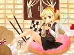  bare_legs barefoot blonde_hair cake candy candy_cane cookie doughnut eating food food_on_face fruit hair_ribbon highres holding_cookie in_food lispict looking_at_viewer minigirl necktie pocky red_eyes ribbon rumia shirt short_hair sitting skirt skirt_set slice_of_cake solo strawberry strawberry_shortcake touhou vest 