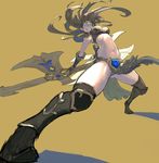  blue_eyes boomerang boots breasts brown_background brown_hair circlet dual_wielding earrings evil_grin evil_smile gloves grin highres holding huge_weapon jewelry league_of_legends leaning_back legs long_hair loped medium_breasts midriff navel pelvic_curtain sivir smile solo thigh_boots thighhighs thighs weapon 