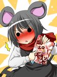  1girl :&lt; aki_(akikaze_asparagus) animal_ears blush brown_eyes grey_hair looking_at_viewer mouse_ears nazrin pornography red_scarf scarf solid_circle_eyes solo surprised tail touhou 