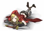  ass bad_id bad_pixiv_id belt blonde_hair boots broken broken_sword broken_weapon brown_gloves gloves highres hood little_red_riding_hood long_hair lying neco on_stomach original red_eyes short_shorts shorts solo sword weapon 