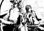 2boys amputee black_and_white dracule_mihawk drink facial_hair greyscale hat indoors male male_focus monochrome multiple_boys one_piece open_clothes open_shirt scar shanks shichibukai shirt sitting 