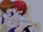  after_kiss blush brown_hair incest junjun_(kimi-la) miyanaga_saki miyanaga_teru multiple_girls red_hair saki school_uniform serafuku short_hair siblings sisters sitting yuri 