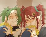  1boy 2girls choker droite eyes_closed frills gauche green_hair hair_ornament long_hair multiple_girls red_eyes red_hair shadow tales_of_(series) tales_of_vesperia tears twintails yeager 