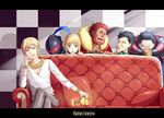  5boys ahoge artoria_pendragon_(all) berserker_(fate/zero) black_eyes black_hair blonde_hair book bracelet caster_(fate/zero) checkered checkered_background couch cup fate/zero fate_(series) finger_to_mouth gilgamesh goblet grail green_eyes grey_hair helmet jewelry lancer_(fate/zero) multiple_boys necklace one_eye_closed red_eyes red_hair rider_(fate/zero) saber tristana-shen yellow_eyes 