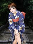  blue_kimono brown_eyes brown_hair highres japanese_clothes kimono nail_polish original photo_background solo yui_toshiki yukata 