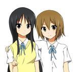  akiyama_mio black_eyes black_hair blush hime_cut holding k-on! long_hair looking_at_viewer multiple_girls sakuragaoka_high_school_uniform school_uniform short_hair simple_background smile tainaka_ritsu tsukishima_aoi uniform v white_background 