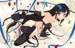  accel_world bad_id bad_pixiv_id bed black_hair elbow_gloves flower gloves headband ise kuroyukihime lingerie long_hair looking_at_viewer looking_back lying on_stomach panties red_eyes ribbon sidelocks single_thighhigh solo thighhighs thong underwear 