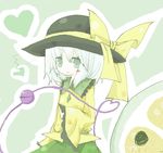  1girl ball_animal blouse blush_stickers eyeball frilled_sleeves frills green_background green_collar green_eyes green_skirt grey_hair hat hat_ribbon heart highres komeiji_koishi kouzidaren outline ribbon short_hair skirt solo third_eye touhou white_outline wide_sleeves yellow_blouse yellow_ribbon 