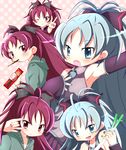  aqua_eyes aqua_hair bad_id bad_pixiv_id detached_sleeves food hand_on_own_chest hatsune_miku highres long_hair mahou_shoujo_madoka_magica multiple_girls necktie one_eye_closed pocky purple_eyes purple_hair sakura_kyouko spring_onion v vocaloid yuiyuimoe 