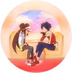  1girl black_hair black_legwear blush brown_hair chin_rest crossed_legs double_bun ferris_wheel ferris_wheel_interior fingerless_gloves gloves hue_(pokemon) jacket kazemarurin long_hair mei_(pokemon) pantyhose pokemon pokemon_(game) pokemon_bw2 raglan_sleeves ribbon shoes short_hair sitting skirt sneakers spiked_hair twintails very_long_hair visor_cap 