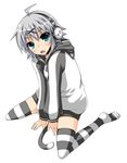  ahoge aqua_eyes bangs between_legs blush cat_tail fang full_body hand_between_legs head_tilt headphones hood hood_down hoodie lockheart long_sleeves looking_at_viewer no_shoes open_mouth original short_hair silver_hair simple_background sitting solo striped striped_legwear tail tail_between_legs thighhighs wariza white_background yashiro_(lockheart) 