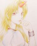  blonde_hair chain colored_pencil_(medium) cuffs ears eyelashes hand_on_own_face hazuki_iku horn hoshiguma_yuugi light_smile lips long_hair looking_at_viewer looking_back marker_(medium) nose pink_background red_eyes shackles shikishi short_sleeves simple_background solo star touhou traditional_media upper_body 