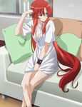  bracelet breasts cleavage dakara_boku_wa_h_ga_dekinai highres jewelry lisara_restall long_hair no_pants pantless red_eyes red_hair stitch stitched 