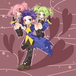  1boy 2girls blue_eyes blue_hair coat droite frills gauche gloves green_hair heart long_hair multiple_girls pants red_eyes red_hair shoes smile tales_of_(series) tales_of_vesperia twintails yeager 