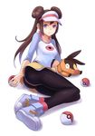  ass brown_hair double_bun gen_5_pokemon jun_(goodgun7) long_hair mei_(pokemon) panties panties_under_pantyhose pantyhose poke_ball poke_ball_(generic) pokemon pokemon_(creature) pokemon_(game) pokemon_bw2 raglan_sleeves shoes shorts sneakers solo striped striped_panties tepig thighband_pantyhose underwear 