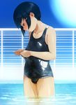 blue_eyes blue_hair bulge check_commentary commentary commentary_request copyright_request crossdressing hair_ornament hairclip looking_down male_focus one-piece_swimsuit otoko_no_ko pee peeing pool school_swimsuit short_hair solo swimsuit wachiwo water 