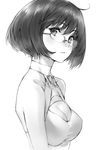  ahoge bangs bare_shoulders breasts character_request cleavage cleavage_cutout commentary_request copyright_request glasses greyscale makimura_shunsuke medium_breasts monochrome short_hair solo 