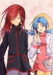  1girl blue_hair closed_eyes couple crystal_(pokemon) digital_media_player hat headphones hetero ipod long_hair pokemon pokemon_(game) pokemon_gsc red_hair silver_(pokemon) smile t-inababa twintails 