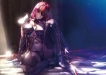  arm_support armored_boots bangs bodysuit boots breasts commentary_request covered_navel expressionless eyebrows_visible_through_hair fate/grand_order fate_(series) gae_bolg glint hair_between_eyes head_tilt high_heel_boots high_heels holding knee_up large_breasts light light_particles long_hair looking_at_viewer navel nina_(ninageya) pauldrons polearm purple_bodysuit purple_hair red_eyes scathach_(fate)_(all) scathach_(fate/grand_order) shade sidelocks sitting solo spear tsurime very_long_hair weapon 