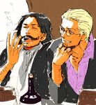  2boys black_hair blonde_hair bottle facial_hair glasses gol_d_roger hand_rest male male_focus multiple_boys mustache one_piece scar silvers_rayleigh smile yawn yawning 