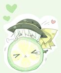  &gt;_&lt; :3 ball_animal biting chibi closed_eyes green_background grey_hair hat hat_ribbon heart highres komeiji_koishi kouzidaren outline ribbon short_hair solo touhou white_outline x3 yellow_ribbon 