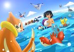  1boy anime art beach buizel child corpish glalie kingler lapras lugia ocean oshawott palpitoad pikachu play pokemon pokemon_(anime) satoshi_(pokemon) squirtle summer sun sun_day totodile water 