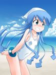  absurdres beach blue_eyes blue_hair blush day hat highres ikamusume long_hair ocean one-piece_swimsuit rokushaku_neko shinryaku!_ikamusume solo swimsuit tears tentacle_hair white_swimsuit 