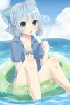  bikini blue_bikini blue_eyes blue_hair bow cirno day food hair_bow highres innertube mutsumi326 open_clothes open_mouth open_shirt popsicle shirt short_hair solo striped striped_bikini swimsuit touhou 