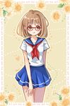  :q brown_eyes brown_hair dorris glasses highres original sailor school_uniform serafuku short_hair skirt smile solo symbol-shaped_pupils tongue tongue_out 