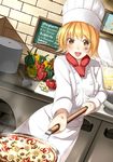  :d bell_pepper blonde_hair bowl chalkboard chef chef_hat chef_uniform food hat holding kinugasa_yuuichi mushroom open_mouth original peel_(tool) pepper pizza plate plate_stack short_hair smile solo toque_blanche vegetable yellow_eyes 