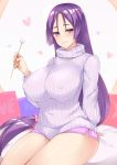 arm_behind_back boyshorts breasts covered_nipples fate/grand_order fate_(series) heart highres huge_breasts kuavera lap_pillow_invitation light_smile long_hair looking_at_viewer mimikaki minamoto_no_raikou_(fate/grand_order) no purple_eyes purple_hair ribbed_sweater sitting solo sweater thighs very_long_hair yes-no_pillow 
