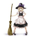  broom grin hand_on_hip hat k2isu kirisame_marisa long_hair looking_at_viewer simple_background smile solo touhou white_background witch_hat 