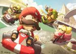  2boys blonde_hair blue_shell blue_sky bowser chibi cloud collaboration day driving facial_hair food fruit go_kart grin ground_vehicle holding jeffrey_cruz looking_back mario mario_(series) mario_kart motor_vehicle motorcycle mountain multiple_boys mustache nose peach perspective princess princess_peach racing ry-spirit shell signature sky smile stubble super_mario_bros. teeth wario 