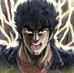  black_hair electricity graphite_(medium) hokuto_no_ken kenshirou male_focus mixed_media open_mouth portrait shijou_yukimasa solo traditional_media 