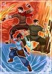  2boys animoose avatar_(series) bare_shoulders black_hair blue_eyes bolin brown_hair dark_skin element_bending fire geokinesis green_eyes hair_tubes highres hydrokinesis korra mako_(avatar) multiple_boys pyrokinesis the_legend_of_korra topknot vambraces water yellow_eyes 