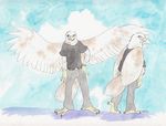  anthro beak bird blue_eyes claws clothed clothing eagle eyewear glasses jeremy kaputotter looking_at_viewer looking_back male model_sheet sky standing 