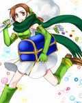  74 bag boots brown_eyes brown_hair cath coin crystal elbow_gloves fingerless_gloves fire_emblem fire_emblem:_fuuin_no_tsurugi gem gloves green_footwear green_scarf jewelry mouth_hold necklace scarf skirt solo treasure_chest 