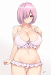  bare_shoulders bikini breasts collarbone fate/grand_order fate_(series) gradient gradient_background groin hair_over_one_eye highres kuavera large_breasts looking_at_viewer mash_kyrielight navel pink_background pink_bikini purple_eyes purple_hair short_hair smile solo swimsuit thigh_gap thighs white_background 