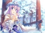  breath capelet forest frills hat japanese_clothes nature obi open_mouth purple_eyes purple_hair ribbon saigyouji_yuyuko sash snow solo t-ray torii touhou tree triangular_headpiece warming warming_hands winter 