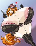  animal_ears areolae bad_anatomy black_gloves black_thighhighs boots breasts cleavage cow_ears cow_girl cowgirl dress female gigantic_breasts gloves green_eyes gun hair_over_one_eye hat high_heels highres huge_breasts human hyper hyper_breasts jacques00 jacques_00 large_areolae lips lipstick long_hair mammal mole not_furry orange_hair panties red_lipstick solo standing tail thighhighs weapon wide_hips 