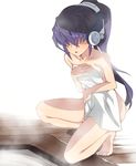  bare_shoulders barefoot bath covering feet hair_over_eyes headphones highres kyoukaisenjou_no_horizon legs mukai_suzu nude nude_cover one_knee onsen ponytail purple_hair solo steam touryou towel 