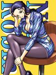  1girl black_hair blue_eyes bracelet breasts chair character_name cleavage female hand_rest high_heels jewelry kodamashi large_breasts legs legs_crossed long_legs miniskirt nico_robin one_piece pantyhose sitting skirt solo thighs yellow_background 