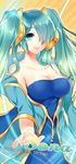  aqua_hair bare_shoulders blue_eyes breasts character_name cleavage hair_over_one_eye joypyonn large_breasts league_of_legends long_hair solo sona_buvelle twintails 