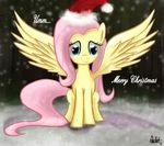  aeronjvl christmas equine female feral fluttershy_(mlp) friendship_is_magic green_eyes hair hat holidays horse looking_at_viewer mammal my_little_pony pegasus pink_hair pony santa_hat simple_background sitting smile snow solo spread_wings wings xmas 