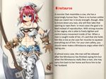  1girl abs axe breasts character_profile cleavage earrings female gloves horns jewelry minotaur mon-musu_quest! monster_girl muscle red_hair solo tail thighhighs translated weapon 