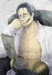  1boy abs amputee black_hair cigar glasses hand_rest highres hook male male_focus muscle newspaper nipples one_piece open_clothes open_shirt reading shirt sir_crocodile smoke smoking solo white_shirt 