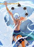  1boy abs bandanna blonde_hair dragon earrings electricity enel fighting_stance glowing glowing_eyes highres jewelry male male_focus muscle one_piece pole skypiea solo topless weapon 